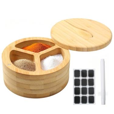 Imagem de Dvehdbay Saleiro – Suporte para recipiente de sal com magnético giratório, adega de sal com 3 compartimentos com tampa e suporte de colher, caixa de tigela de madeira, tigelas de sal e pimenta com