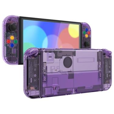Imagem de eXtremeRate Conjunto completo de botões DIY para Nintendo Switch OLED, placa traseira de substituição roxa atômica transparente e suporte personalizado para Nintendo Switch OLED JoyCon - sem controle