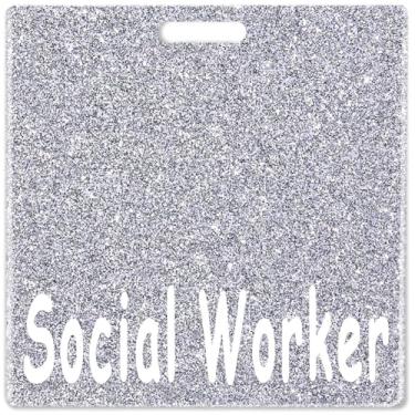 Imagem de Abamilaka Carretel de crachá de assistente social prateado com brilho de acrílico, porta-crachá Buddies com glitter, acessórios de enfermagem, etiquetas de identificação, cartões de identificação