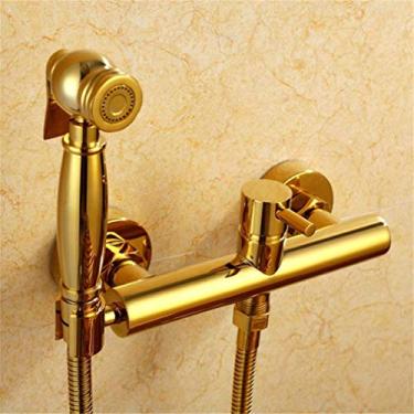 Imagem de CUTPOIY Torneira de bidê de mão para banheiro bidê de chuveiro pulverizador de latão T adaptador de mangueira de 1,5 m suporte enganchado spray portátil vaso sanitário, válvula angular (conjunto C)
