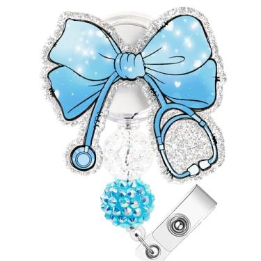 Imagem de Carretel de crachá de enfermeira Coquettte Bows – Carretel retrátil de crachá de laço azul para equipe médica, carretel retrátil de acrílico com clipe jacaré para enfermeira assistente médico