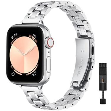 Imagem de STIROLL Pulseira de substituição fina compatível com Apple Watch Ultra SE séries 11, 10, 9, 8, 7, 6 5 e 42 mm de 49 mm, 46 mm, 45 mm, 44 mm e 42 mm (série 3 2 1), prata
