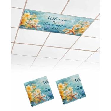 Imagem de Capa de luz magnética para teto suspenso de sala de aula, pacote com 2 4 x 2 pés Bem-vindo à vida de verão flores oceânicas estrelas do mar capas de luz fluorescente para escritório casa abajur de