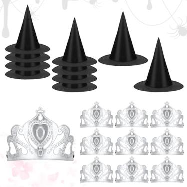 Imagem de PLUVAVA 20 Pieces Princess Crowns and Witch Hats Set Black Wizard Hats Silver Queen Crown for for Party Supplies Gifts