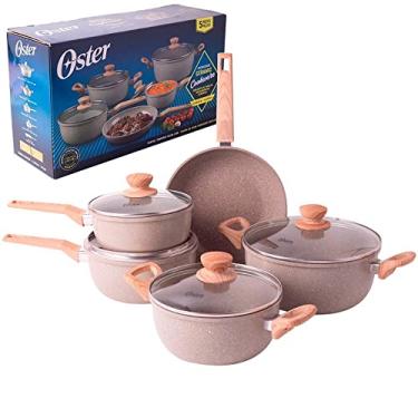 Imagem de OSTER Conjunto de Panelas Antiaderentes 5 Peças Marble Edition - Jogo de Panela e Frigideira, Construção em Alumínio e Revestimento Duplo de Cerâmica, Alças e Cabos Revestidos em Silicone - Cinza Dust