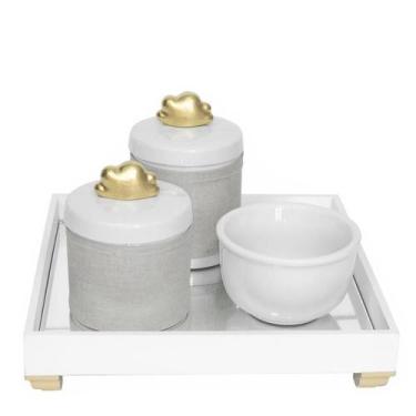Imagem de Kit Higiene Bebê Bandeja Porcelanas Molhadeira Nuvem Dourado - Potinho