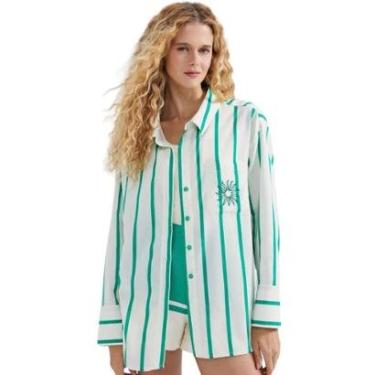 Imagem de Camisa Feminina Hering Manga Longa Listrada Branco/Verde-Feminino