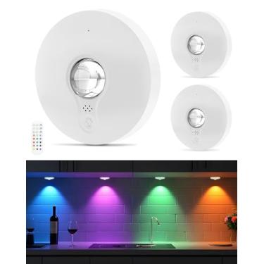 Imagem de Aokpsrt Luzes de disco RGB recarregáveis com controle remoto, luzes de pressão operadas por bateria de 1500 mAh, reguláveis e temporizadores, iluminação sob armário para armário, quarto, cozinha,