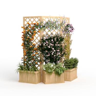 Imagem de Tela de privacidade externa com caixa de plantador - painel de cerca de madeira de cedro de 150 x 25 cm, kit de cama de jardim elevado com design independente de 3 painéis, orifícios de drenagem, para
