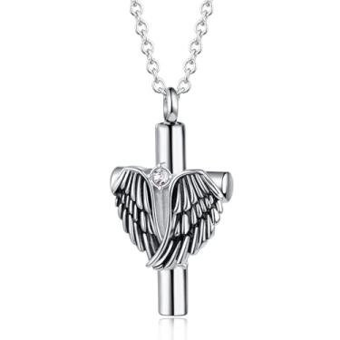 Imagem de LuxglitterLin Colar de urna com cruz de asa de anjo para cinzas, pedra do mês de nascimento de aço inoxidável, joia de cremação feminina e masculina, Aço inoxidável, Sem Pedra Preciosa