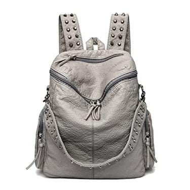 Imagem de Mochila De Viagem Feminina Bolsa De Ombro Retrô Rebites De Couro Mochila De Grande Capacidade, Grey, 28x13x34cm