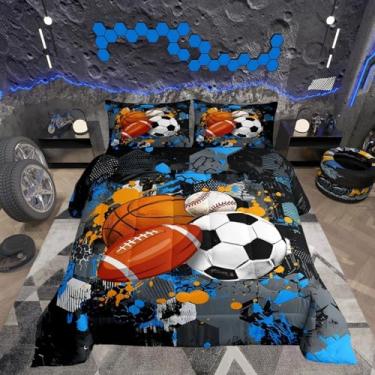 Imagem de Feelyou Conjunto de edredom com bola mista, tamanho king, beisebol, para meninos, meninas, adolescentes, jogos esportivos, decoração de quarto, cinza escuro, azul