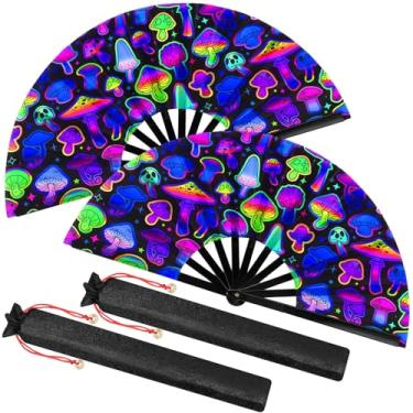 Imagem de Boao 2 peças de leques de mão dobráveis grandes para homens e mulheres Fã de festival chinês dobrável UV Glow Fan com bolsas para dança em linha, kungfu, festa de festival de música, discoteca