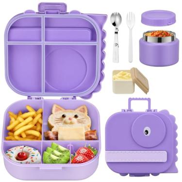 Imagem de LAUJIA Lancheira infantil com 5 compartimentos, pote e utensílios isolados para alimentos, caixa bento à prova de vazamento com recipiente de molho, livre de BPA e lavável na lava-louças, design de