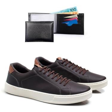 Imagem de Kit Tenis Casual Masculino Com Carteira Sapatenis De Amarrar Confortavel Leve Macio (Café, BR, Adulto, Numérico, 39)