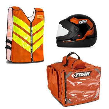 Imagem de Kit Motoboy Mochila Térmica + Capacete Sport Moto 788 Laranja 56 + Col