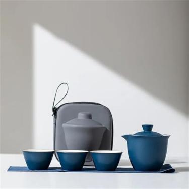 Imagem de Conjunto de chá chinês portátil - Bule de cerâmica para viagem com 4 peças, 3 xícaras e bolsa de transporte | Kit compacto de chá Gongfu para camping/escritório, azul