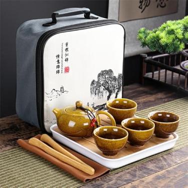 Imagem de Conjunto de chá chinês portátil - Bule de viagem de cerâmica com 5 peças, Gaiwan e 4 xícaras | Kit completo de chá Gongfu em bolsa de transporte, amarelo
