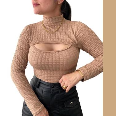 Imagem de Body Feminino Blusa Manga Longa Gola Alta Tecido Bubble Moda Gringa Bl