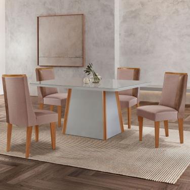 Imagem de Mesa De Jantar Diane 120cm Tampo Mdf Vidro 4 Cadeiras Diane Moderna Linho Capuccino Tork Naturale Off White Serigrafia