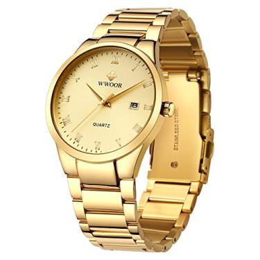 Imagem de WWOOR Relógio masculino de quartzo e aço inoxidável e metal, preto e dourado, à prova d'água, casual, com data, Preto