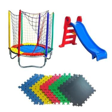 Imagem de Kit Brinquedos Infantis Cama Elástica 1,40m com Escorregador Médio Amarelo e Tatame EVA - Playtime