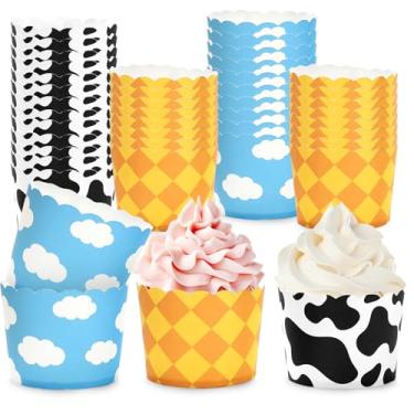 Imagem de JarThenaAMCS 120 peças de desenho animado história cupcake forro azul nuvem vaca impressão de papel quadriculado copo de cozimento forro de muffin recipiente de armazenamento de bolo para festa DIY