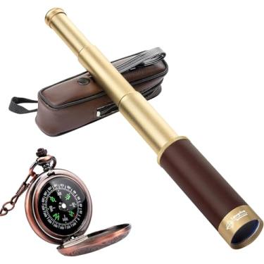 Imagem de Laupha retro pirata telescópio zoomable 25x30 spyglass portátil colapsible telescópio telescópio vintage monocular para crianças & compasso de coleção clássica para camping caça presente de barco