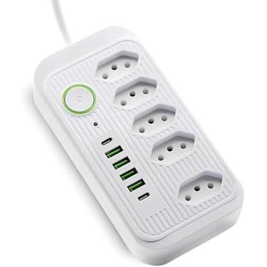 Imagem de Filtro de Linha, 5 Tomadas, 4 Portas USB, 1 Porta USB Tipo C, Extensão, Tomada, Cabo de Alimentação de 2 Metros, Suporte a Tensão de 110-220V, Potência de 2500W