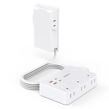 Imagem de Protetor contra surtos de filtro de linha com tampa de tomada, 6 saídas CA, proteção contra surtos, 4 portas USB, cabo de extensão de 1,5 m, plugue plano de montagem na parede para cozinha de