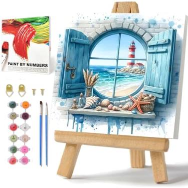 Imagem de Kit de pintura de praia por números para adultos iniciantes, pintura de praia por números com moldura e cavalete, pintura de artesanato DIY por número para presente decoração de parede de casa 25 x 25