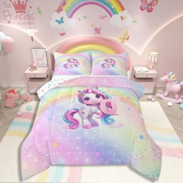 Imagem de Conjunto de edredom de unicórnio, 3D, rosa, azul, unicórnio, floral, gradiente, para crianças, meninas, galáxia, com letra do alfabeto Q, decoração de quarto de unicórnio, Queen