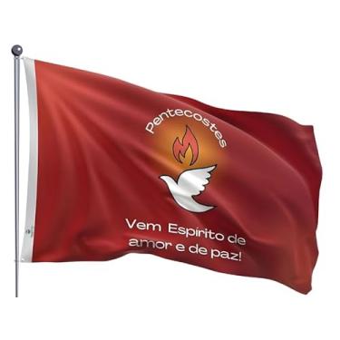 Imagem de Bandeira Pentecostes Espírito Santo Pomba Branca Fogo Dupla Face Estampada Tamanho 90x128cm