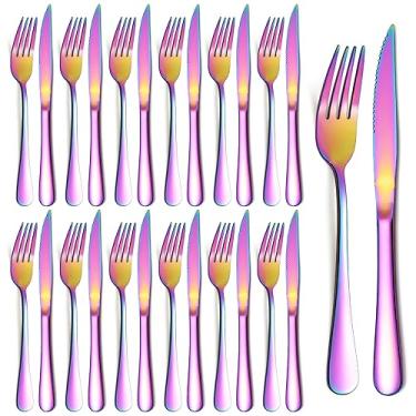 Imagem de Evanda Conjunto de 24 facas para bife arco-íris, aço inoxidável, revestimento de titânio, 12 garfos de jantar e 12 facas de jantar, facas de bife, garfos de bife, pode ser lavado na lava-louças