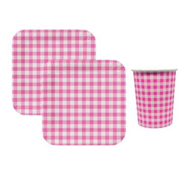 Imagem de Kit 16 Pratos e 16 Copos 200ml Xadrez De Papel Festa Aniversário (ROSA)