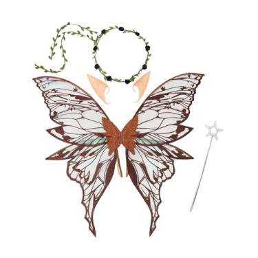 Imagem de UGPLM Fantasia de Asas de Fada para Meninas com Varinha e Orelhas de Elfo para Festa de Máscaras de Halloween, Marrom