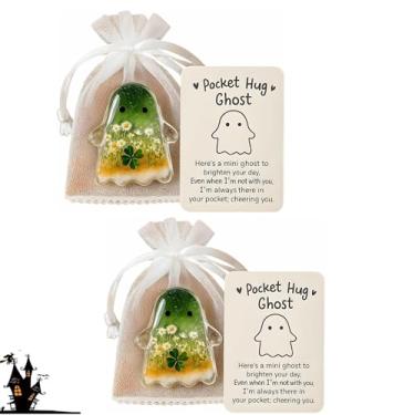 Imagem de Pocket Hug Ghost, 2PCS Halloween Comfort Ghost Pocket Cards, Pockets Hug Ghost with Encouragement Card Cute Mini Charm, Emotional Support Token, Inspirational Gift for Friends(Green)