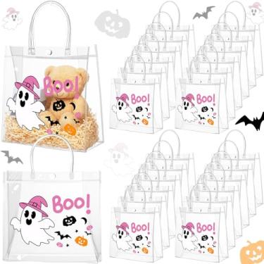 Imagem de Sweetude Pacote com 24 sacos de presente de plástico transparente rosa para Halloween com alça Boo Ghost Pumpkin reutilizáveis de PVC sacolas de presente em massa guloseimas doces eventos escolares