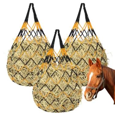 Imagem de 3 sacos de feno para cavalos, redes de feno para cavalos, cabras, ovelhas, alimentador de feno de cabra para alimentação mais lenta, saco de feno de suporte de carga forte pendurado para reboque