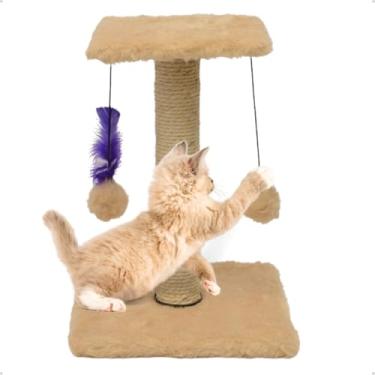 Imagem de Arranhador Para Gatos Pet Poste Duplo Bege Sisal Brinquedo Com Bolinha Pena Duas Bases Carpete Anti Stress Anfia Unhas