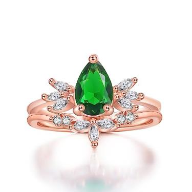 Imagem de LAZLUVU Anéis de noivado em ouro rosa/18K para mulheres, anel de esmeralda exclusivo, anel de cristal, pedras preciosas verdes, conjuntos de alianças de casamento para ele e ela, 10, pedra preciosa, Esmeralda