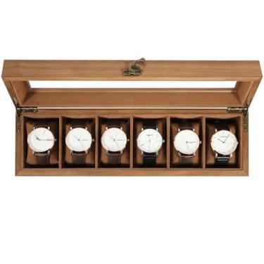Imagem de Uten Caixa de relógio de madeira maciça, caixa de relógio com 6 compartimentos com almofada macia, caixa de exibição de relógio com tampa de vidro, organizador de suporte de relógio, armazenamento de