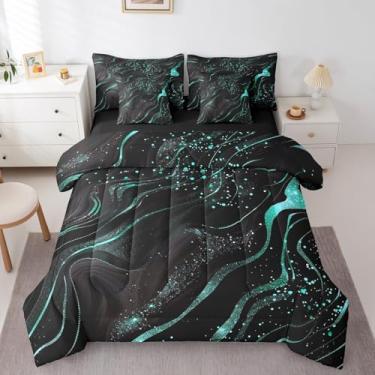 Imagem de Erosebridal Conjunto de edredom casal com textura de mármore, preto, azul-petróleo, para adolescentes, com glitter, moderno, estética, pedra em uma bolsa, aquarela, luxuosa, mármore e areia movediça