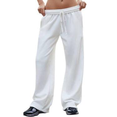 Imagem de Calça de moletom feminina FACDIBY, perna larga, cintura alta, branca, 