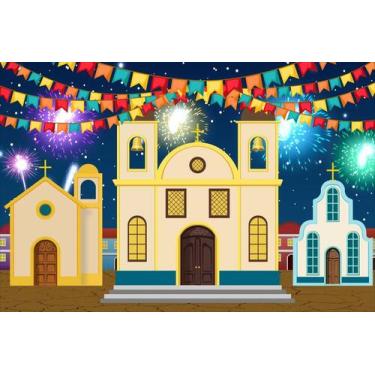 Imagem de Painel de Lona Festa Junina Arraiá Igrejas Bandeirinhas Noite Fogos de