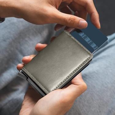 Imagem de Carteira masculina com suporte para cartão pop-up, carteira de poliuretano com bloqueio de RFID, design fino e minimalista com compartimento para dinheiro, bolso frontal para homens, comporta de 9 a