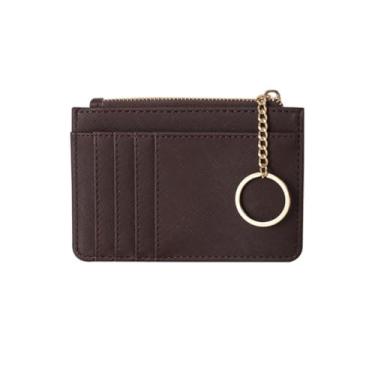 Imagem de Carteira fina com zíper para cartão de crédito para mulheres, mini bolso frontal com chaveiro, Marrom, Tendência