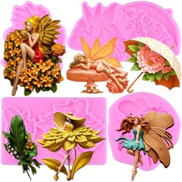 Imagem de MIYAHOUSE Molde de fondant de fada de flores moldes de silicone para decoração de bolos, topo de cupcake, pasta de goma de chocolate, argila de polímero, conjunto de 4