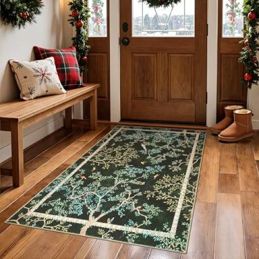 Imagem de jinchan Pássaros botânicos tapetes de área verde musgo 7,5 x 12,5 cm para entrada - lavável, antiderrapante, macio, natureza, plantas, tapete moderno, para quarto de crianças, vintage, ultrafino, para