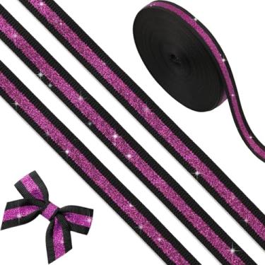 Imagem de YKW Fita preta com glitter fúcsia 9,5 cm x 10 metros, faixa brilhante de gorgorão sem queda, acessórios de cabelo com laços de torcida, suprimentos para mães de baile, decoração de festa de espírito